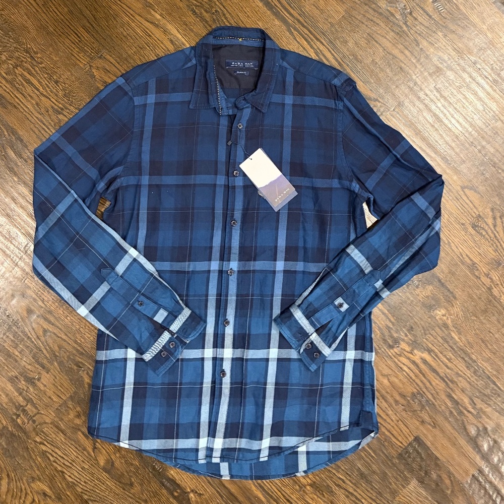 Zara Man ombré blue plaid button down shirt